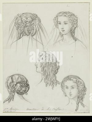 Anais Toudouze (1822-1899). "Cinque modelli di acconciatura". Disegno per incisione pubblicato su "le Moniteur de la Coiffure", maggio 1859. Vele e acconciature nuziali; panino decorato con perle. Piombo mio, white paper. 1859. Galliera, museo della moda della città di Parigi. 37822-10 Bun, acconciatura, disegno, donna, fiore, guida la mia, la perla, il ritratto, il secondo impero, la vela Foto Stock