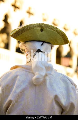 Nobile e parrucca dell'uomo mascherato durante le celebrazioni del Carnevale di Venezia in Italia e il palazzo sullo sfondo Foto Stock