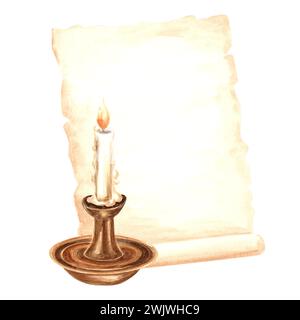 Foglio di carta pergamena scritta a mano, candela accesa nel candelabro. Materiali di consumo di scrittura vecchi del modello. Illustrazione ad acquerello disegnata a mano. Retro isolato Foto Stock