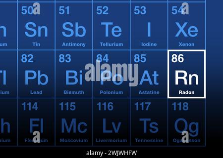 Radon sulla tavola periodica degli elementi. Gas nobile radioattivo, simbolo chimico RN e numero atomico 86. Prodotto di decadimento del radio, si presenta naturalmente. Foto Stock