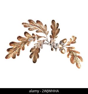 Ramo autunnale di quercia con ghiande e foglie. Modello di illustrazione isolata delle foglie autunnali. Illustrazione ad acquerello disegnata a mano. Modello di isolato Foto Stock