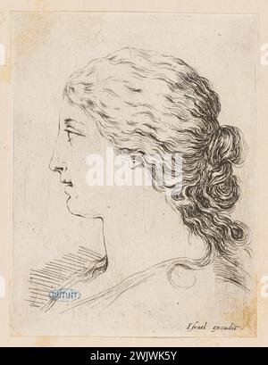 Della bella, Stefano (dit Étienne de la Belle) (n.1610-05-18-D.1664-08-22), varie teste e figure. Testa di una donna con capelli naturali e intrecciati all'antica vista del profilo. Terzo numero di una sequenza di 17 stanze. (A. de Vesme 310; Dutuit 168) (titolo principale). Incisione. Petit Palais, Museo di Belle Arti della città di Parigi. Foto Stock