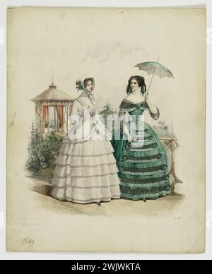 Jules David (1808-1892). "Due donne in un giardino". Disegno per tavola n ° 228, "il monitor moda". Insieme al mattino, abito da ballo adornato con pizzo nero e marchesa. Mina di piombo, gouache, inchiostro, lavare, cartone bianco. Agosto 1849. Galliera, museo della moda della città di Parigi. 37821-2 pizzo nero, disegno, inchiostro, set al mattino, donna, gouache, giardino, lavaggio, guida miniera, marchese penne, cammina, abito a palla, cammina, vestiti Foto Stock