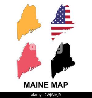 Serie di mappe del Maine, stati uniti d'america. Illustrazione vettoriale a icone piatte . Illustrazione Vettoriale