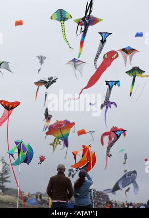 Wellington, nuova Zelanda. 17 febbraio 2024. Le persone volano aquiloni durante l'Otaki Kite Festival 2024 che si tiene sulla spiaggia di Otaki, Wellington, nuova Zelanda, 17 febbraio 2024. Centinaia di aquiloni colorati stavano volando nel cielo di Otaki Beach di Wellington durante il festival degli aquiloni che si tenne dal 17 al 18 febbraio. Crediti: Meng Tao/Xinhua/Alamy Live News Foto Stock