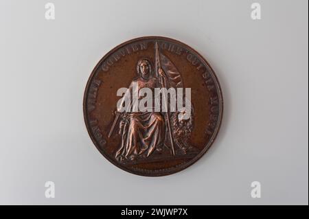 Museo Carnavalet, collezione di medaglie Allegoria a destra di Venezia seduta davanti, con una spada nella mano destra e una bandiera tricolore nella mano sinistra; ai suoi piedi, un leone; registrazione inversa su sedici righe. Foto Stock