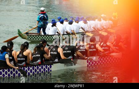 Sydney, Australia. 16 febbraio 2024. I partecipanti gareggiano durante il Sydney Lunar New Year Dragon Boat Festival 2024 al Darling Harbour di Sydney, Australia, 16 febbraio 2024. PER ANDARE CON "Feature: La barca a remi per Dragon Year inizia a Sydney's Heart" credito: Ma Ping/Xinhua/Alamy Live News Foto Stock