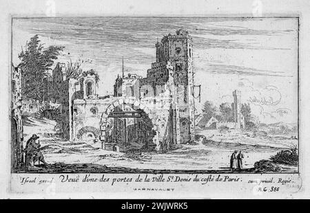 Israel Silvestre (1621-1691) e Israel Henriet (1590-1661). "Vista di una delle porte della città di Saint-Denis, sul lato di Parigi". Incisione, 1650-1660. Parigi, museo Carnavalet. Incisione, porta, città Foto Stock