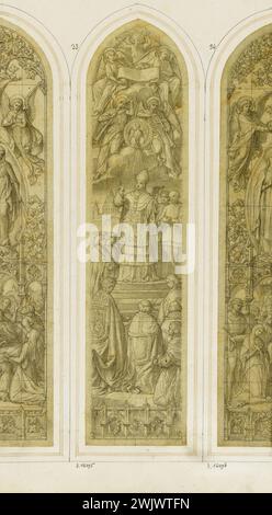 Officina GSELL-Laurent. Album n° 3; progetto vetrate per la basilica di Lourdes; finestra del Coro: Proclamazione del dogma dell'Immacolata Design. Matita su strato. Parigi, museo Carnavalet. Album n° 3, basilica di Lourdes, Cattolica, Coro, Cristiana, matita su strato, dogma, finestra, design immacolato, papa, proclamazione, progetto, vetrate colorate Foto Stock