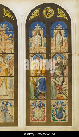 Officina GSELL-Laurent. Album n° 3; progetto vetrate per Saint-Martin de l'Isle-Adam; 2 campate; Anne de Montmorency e Sant'Anna, Luigi Francesco, principe di conti e San Francesco. Matita, acquerello, gouache. Parigi, museo Carnavalet. Album n° 3, Catholic, Chretian, Connetable Francais, Pénon, Deux, Duke, Eglise Saint-Martin, Fenetre, Gouache, Prince conti, Project, Sainte, Saint, Travee, Vitrail, Acquerello, Acquerello Foto Stock