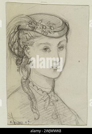 Anais Toudouze (1822-1899). "Donna che indossa un cappello". Disegno per incisione pubblicato su "The Illustrated Fashion", 29 dicembre 1867, n° 52. Leggenda dell'incisione: "Cappelli da Mme Aubert, rue Laffite, n° 9. Toque in velluto nero con uccello del paradiso e egrette". Piombo mio, white paper. 1867. Galliera, museo della moda della città di Parigi. 37824-8 Aigrette, acconciatura, disegno, donna, miniera di piombo, Mme Aubert, modalità illustrata, uccello del paradiso, ritratto, secondo impero, toque, velluto, cappello Foto Stock