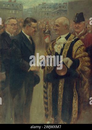 Noël Dorville. "Ricevimento ufficiale al Municipio, 18 giugno 1937, di Sir George Broadbridge, Lord Mayor di Londra: Il Lord Mayor, sulla Perron del Municipio, stringe la mano a Raymond Laurent, Presidente del Municipio". Olio su legno. Parigi, museo Carnavalet. 27110-7 inglese, arrondissement, cerimonia ufficiale, politico, municipio di Parigi, IV IV IV 4, municipio, ricevimento Foto Stock