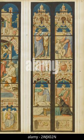 Officina GSELL-Laurent. Album n° 3; progetto vetrate per la chiesa di Saint-Martin a Isle-Adam; 2 campate di finestra; 4 soggetti: Scene della vita di Cristo, donatore con la sua Santa patrona. Matita, acquerello, gouache. Parigi, museo Carnavalet. Album n ° 3, cattolico, cristiano, matita, due, Donator, Church Saint-Martin, Son God, Fenetre, Gouache, progetto, Quatre, Saint Patronne, oggetto, Travee, vie Cristo, Vitrail, Aquarelle Foto Stock