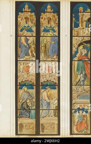 Officina GSELL-Laurent. Album n° 3; progetto vetrate per Saint-Martin de l'Isle-Adam; 2 campate; 4 soggetti: 3 scene della vita di Cristo, donatore della vetrata e suo santo patrono. Matita, acquerello, gouache. Parigi, museo Carnavalet. Album n° 3, cattolico, cristiano, matita, due, donatore, chiesa di Saint-Martin, Son god, fenetre, gouache, progetto, quattro, patrono, soggetto, travee, vie christ, vitrail, acquerello, scena Foto Stock