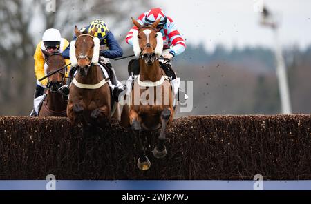 Ascot Racecourse, Regno Unito, sabato 17 febbraio 2024; l'amico di Henry (berretto blu e giallo) e il fantino Ben Jones vincono il Sodexo Live Reynoldstown Novices' Steeple Chase per l'allenatore Ben Pauling e i proprietari Elizabeth e Oliver Troup. Crediti JTW equine Images / Alamy. Foto Stock