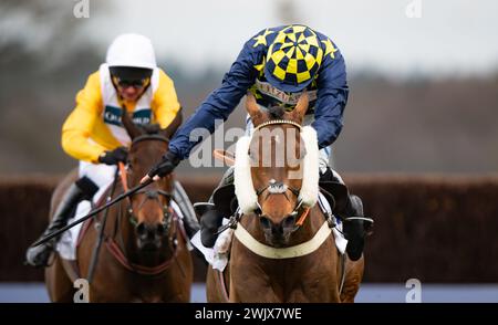 Ascot Racecourse, Regno Unito, sabato 17 febbraio 2024; l'amico di Henry (berretto blu e giallo) e il fantino Ben Jones vincono il Sodexo Live Reynoldstown Novices' Steeple Chase per l'allenatore Ben Pauling e i proprietari Elizabeth e Oliver Troup. Crediti JTW equine Images / Alamy. Foto Stock