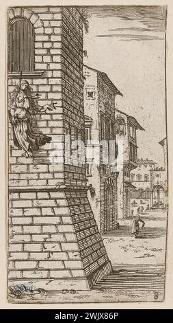 Della bella, Stefano (dit Étienne de la Belle) (n.1610-05-18-D.1664-08-22), Virginie appesa alla finestra del suo palazzo. Ottavo numero della suite (titolo principale). Incisione. Petit Palais, Museo di Belle Arti della città di Parigi. Foto Stock
