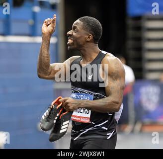 Birmingham, Regno Unito. 17 febbraio 2024. Dwain Chambers fa la semifinale dei 60 metri maschili con i più piccoli margini all'età di 45 anni al Microplus UK Athletics Indoor Championships 2024 Day One all'Utilita Arena Birmingham, Nigel Bramley/Alamy Live News Foto Stock