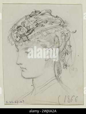 Anais Toudouze (1822-1899). "Donna che indossa un cappello". Cappello decorato con fiori sul cappello. Piombo mio, white paper. 1866. Galliera, museo della moda della città di Parigi. 37823-14 Bun, acconciatura, disegno, fiore, giovane donna, guida il mio, il secondo impero, cappello Foto Stock