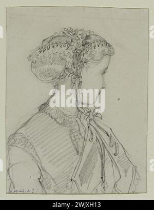 Anais Toudouze (1822-1899). "Donna nel cappello, tre quarti". Piccolo cappello con fiori e pampilli, annodato sotto il mento. Piombo mio, white paper. 1867. Galliera, museo della moda della città di Parigi. 37823-2 Bun, acconciatura, disegno, fiore, giovane donna, guida il mio, il secondo impero, cappello Foto Stock