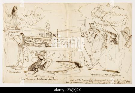 Victor Hugo (1828-1873). Caricatura. Piume marrone e inchiostro sulla carta. Parigi, casa di Victor Hugo. Disegno, inchiostro marrone, carta, caricatura, piume Foto Stock