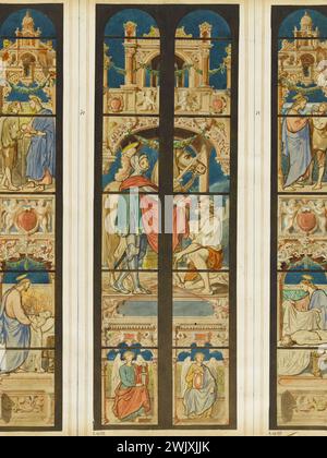 Officina GSELL-Laurent. Album n° 3; progetto vetrate per Saint-Martin de l'Isle-Adam; 2 campate: Saint Martin condivide il suo cappotto. Matita, acquerello, gouache. Parigi, museo Carnavalet. Album n ° 3, cattolico, cristiano, matita, due, Chiesa di Saint-Martin, Eveque Francais, Fenetre, Gouache, Mantle, Share, project, Saint, Travee, Vitrail, acquerello Foto Stock