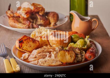 Cena tradizionale a base di pollo arrosto con un ricco sugo di carne. Foto Stock