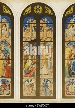 Officina GSELL-Laurent. Album n° 3; progetto in vetro colorato per Saint-Martin de l'Isle-Adam; 2 campate: 1 soggetto. Acquerello, gouache. Parigi, museo Carnavalet. Album n. 3, cattolico, cristiano, due, chiesa di Saint-Martin, Fenetre, Gouache, progetto, oggetto, Travee, Vitrail, Acquerello, Scene Foto Stock