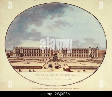 Janinet. "Vista del luogo di Luigi XV". Incisione. Parigi, museo Carnavalet. 77406-8 8 8 8 8 VIII VIII VIII VIII, arrondissement, edificio, chiesa, facciata, giardino, Place Luigi XV, statua equestre, cupola, incisione Foto Stock