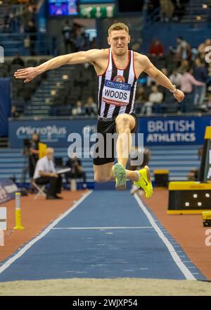 Birmingham, Regno Unito. 17 febbraio 2024. 17/18 febbraio 2024, Utilita National Indoor Arena, Birmingham, Regno Unito. Evento: 2024 UK Indoor Athletics Championships. Didascalia: Josh Woods (Tripple Jump) foto: Mark Dunn / Alamy Live News (Sport) credito: Mark Dunn Photography/Alamy Live News Foto Stock