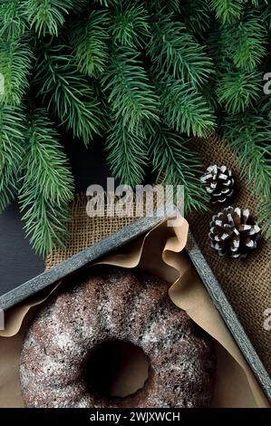 Torta fatta in casa appena sfornata con spezie invernali con decorazioni e rami verdi di abete rosso. Periodo natalizio. Sfondo natalizio. Vista dall'alto del centro benessere con fotocopie Foto Stock