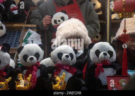 Mosca, Russia. 17 febbraio 2024. Una donna cinese vende giocattoli di panda ripieni in un negozio presso il sito del Festival del capodanno cinese in Piazza Tverskaya a Mosca, Russia Foto Stock