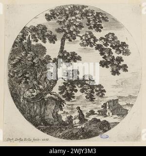 Della bella, Stefano (dit Étienne de la Belle) (n.1610-05-18-D.1664-08-22), paesaggi e porti marittimi in tondo. Una donna seduta su un cavallo e un uomo a piedi che indossa un pacco alla fine di un bastone. Primo numero di una suite di 6 camere. (A. de Vesme 743; Dutuit 188) (titolo principale), 1656. Incisione. Petit Palais, Museo di Belle Arti della città di Parigi. Foto Stock