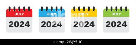 Calendario luglio 2024 in quattro colori diversi. 2024 icona calendario luglio impostata in rosso, blu, giallo e verde. Set di icone del calendario piatto del mese di luglio. Illustrazione Vettoriale