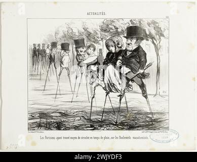 Honoré Daumier (1808-1879). Notizie, n° 156 - i parigini hanno trovato la strada per circolare con il tempo piovoso, su viali macadammati. Litografia nera. Parigi, museo Carnavalet. 78185-19 Boulevard, circolazione, disegno umoristico, litografia, macadam, parigino, pioggia, caricatura Foto Stock