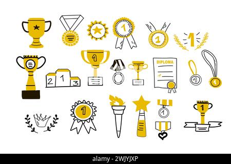 Un'ampia serie di premi disegnati a mano con icone di colore giallo. Illustrazione vettoriale della coppa del trofeo del vincitore, medaglia del campione, diploma di vincita. Schizzo disegnato a mano - campione, vittoria, elementi di successo Illustrazione Vettoriale
