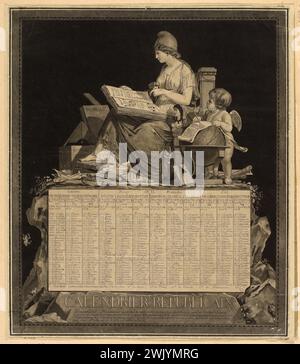 Philibert -Louis Debucourt (1755-1832). "Calendario repubblicano" (Calendario dell'anno II). Aquatinte. 1793 Parigi, museo Carnavalet. Allegoria, acquatinte, berretto frigio, calendario dell'anno II, calendario repubblicano, periodo rivoluzionario, repubblica, rivoluzione francese Foto Stock