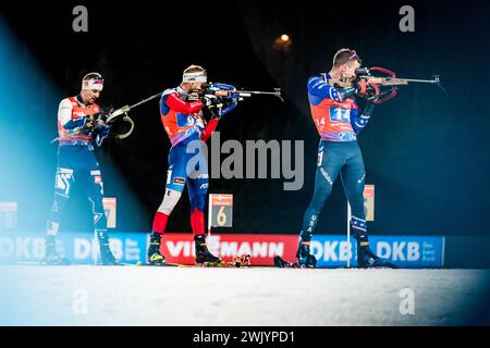 Ceco Vitezslav Hornig (centro) in azione durante la staffetta maschile 4x7, 5 km nei Campionati del mondo di Biathlon 2024, a nove Mesto na Morave, distretto di Zdar, regione di Vysocina, Repubblica Ceca, 17 febbraio, 2024. (CTK Photo/Jaroslav Svoboda) Foto Stock