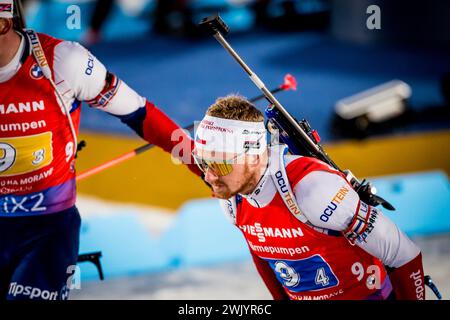 Ceco Vitezslav Hornig in azione durante la staffetta maschile 4x7, 5 km nei campionati mondiali di biathlon 2024, a nove Mesto na Morave, distretto di Zdar, regione di Vysocina, Repubblica Ceca, 17 febbraio, 2024. (CTK Photo/Jaroslav Svoboda) Foto Stock