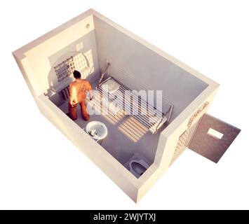 Prigione, cella di un penitenziario della Siberia settentrionale, prigione di Kharp. Trattenuto all'interno della cella. Colonia penale. rendering 3d. Foto Stock