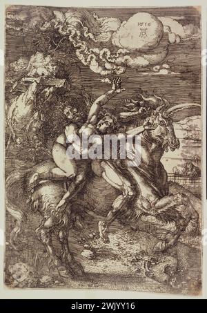 Albrecht Dürer (1471-1528). "Il rapimento di una giovane donna, B 72", 1516. Incisione. Museo delle Belle Arti della città di Parigi, Petit Palais. 72171-6 Rimozione, giovane donna, unicorno, mitologia romana, carattere mitologico, astratto Foto Stock