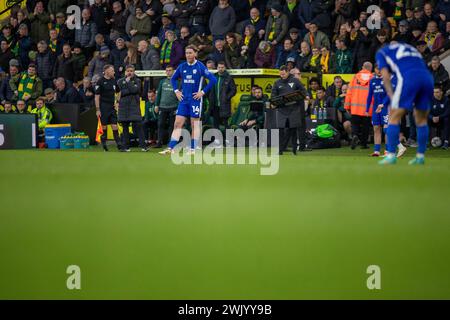 Josh Bowler di Cardiff City sembra sgretolato dopo aver perso 4-1 durante la partita del Campionato Sky Bet tra Norwich City e Cardiff City a Carrow Road, Norwich, sabato 17 febbraio 2024. (Foto: David Watts | mi News) crediti: MI News & Sport /Alamy Live News Foto Stock