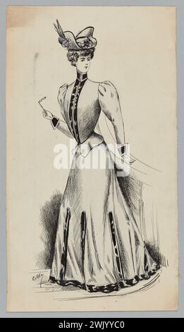 Kahn, Cécile. Fashion Drawing (titolo fittizio), 1900. Disegno gelatina-argentic sviluppato in colore, matita di grafite. Palais Galliera, museo della moda della città di Parigi. Foto Stock