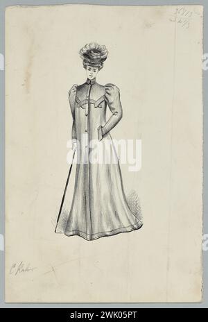 Kahn, Cécile. Fashion Drawing (titolo fittizio), 1900. Inchiostro nero, pietra nera, matita blu su Bristol. Palais Galliera, museo della moda della città di Parigi. Foto Stock