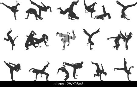 Silhouette Capoeira, silhouette da training Capoeira, silhouette da combattimento capoeira brasiliana. Illustrazione Vettoriale