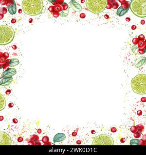 Cornice quadrata di fette di lime, mirtilli rossi. Agrumi, bacche rosse, foglie verdi e succosi schizzi. Frutta tropicale e frutti di bosco. Foto Stock