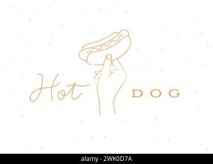 Tenere a mano l'hot dog con salsiccia e disegnare lettere in stile lineare su sfondo chiaro Illustrazione Vettoriale