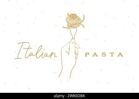 Forchetta con spaghetti, disegno della pasta italiana lineare su sfondo beige Illustrazione Vettoriale