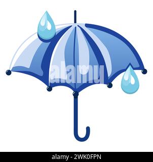 Graziosa icona dell'app meteo isolata dal vettore con ombrello blu con gocce sotto la pioggia. Elementi di interfaccia con design piatto. Illustrazione a cartoni animati minima per d Illustrazione Vettoriale