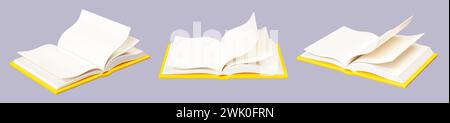 Aprire un libro cartaceo con pagine bianche e copertina rigida gialla in diverse angolazioni di visualizzazione. Set di illustrazioni di rendering 3D. Foto Stock